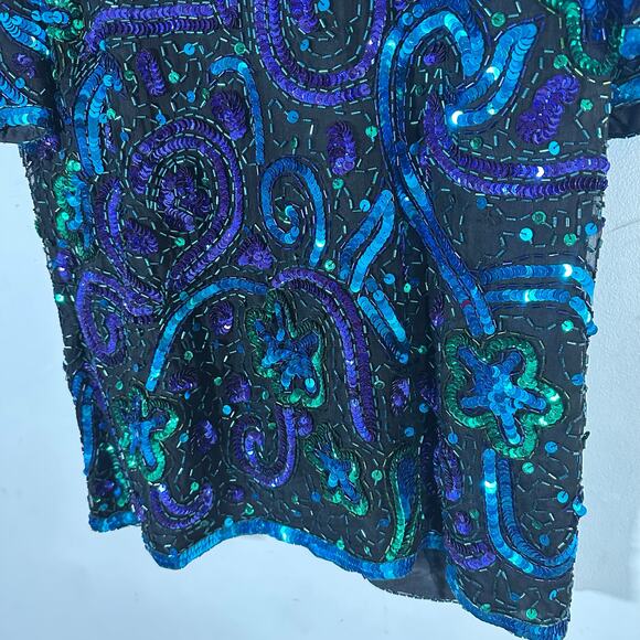 Vintage Laurence Kazar Sequin Beaded Silk Blouse - Small‎ - Picture 3 of 11